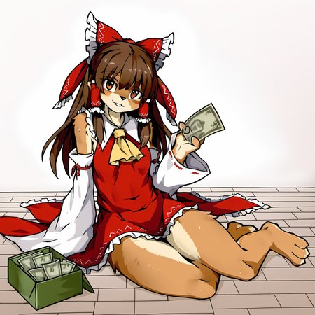 1girl, hakurei reimu, furry female, ascot, bow, box, brown eyes, brown hair, detached sleeves, donation box, full body, hair bow, hair tubes, head tilt, long hair, looking at viewer, money, on floor, parted lips, ribbon, ribbon-trimmed sleeves, ribbon trim, sitting, smile, solo,