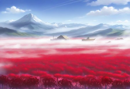 (masterpiece,best quality,ultra_detailed,highres,absurdres:1.2,amazing quality,very aesthetic),<lora:Bishoujo Mangekyou background art_ilxl_v1-000010:0.8>,no humans, field, scenery, sky, outdoors, cloud, flower field, flower, day, landscape, fog, mountain, watercraft, spider lily, blue sky, red flower, cloudy sky