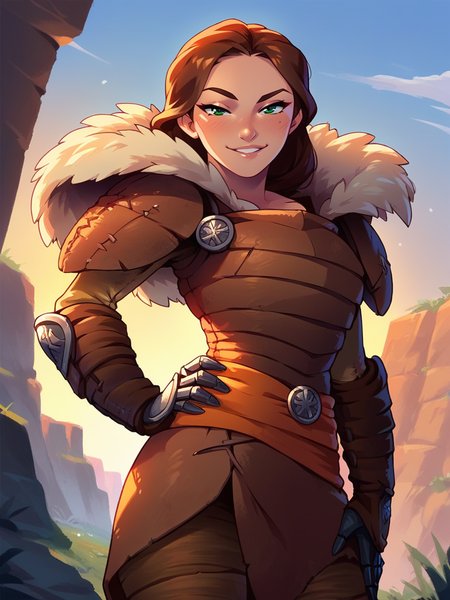 score_9, score_8_up, score_7_up, 1girl, dynamic pose, cowboy shot, looking at viewer, sexy pose, sexually suggestive, naughty face, dutch angle, valley, vegetation, hand on hips, 
 <lora:AValka_character:0.8>, ValkaXL, brown hair, green eyes, armor, shoulder armor, pauldrons, fur trim, gauntlets, cartoon, <lora:KajinmanLycoXL:0.7>,