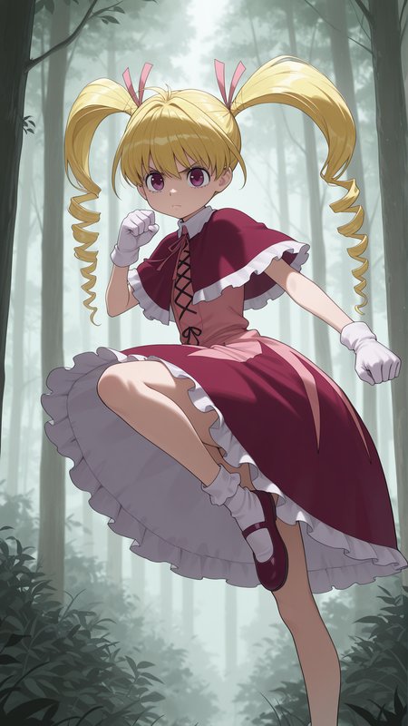 masterpiece, best quality, amazing quality, 1girl, solo,  <lora:IlluBiscuit:1> illubiscuit, blonde hair, purple eyes, long hair, twintails, drill hair, purple eyes, white gloves, hair ribbon, capelet, dress, bobby socks,  serious, fighting stance, forest, kicking, midair, flying kick,