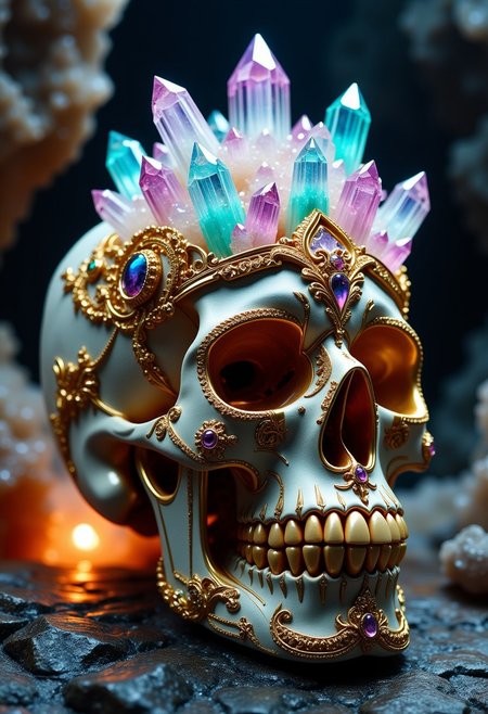 An ornate skull is decorated with auraquartz crystals. Lit by torchlight. In a crystal cavern.