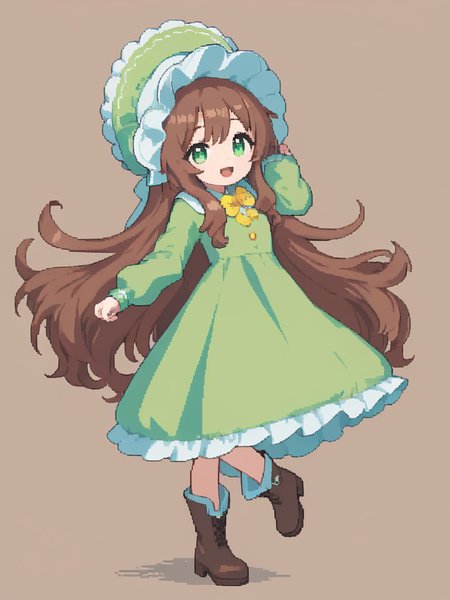 <lora:pixel style-000007:0.7>,pixel style,1girl, long hair, solo, green eyes, dress, very long hair, hat, smile, open mouth, green dress, brown hair, boots, looking at viewer, brown footwear, full body, hat flower, :d, leaning forward, bonnet, long sleeves, signature