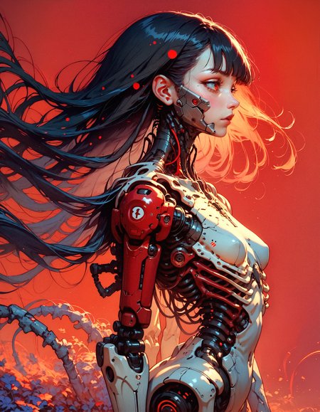 score_9, score_8_up, score_7_up,  embedding:zPDXL, 1girl, solo, breasts, very long hair, bangs, simple background, black hair, red eyes, closed mouth, weapon, small breasts, blunt bangs, medium hair, from side, profile, floating hair, expressionless, red background, science fiction, android, cable, mechanical arms, cyborg, robot joints, mechanical parts, tube, spine  <lora:pony/twilight_style:0.8> <lora:pony/expressiveh:0.8> expressiveh, <lora:pony/BioPunky:0.8>