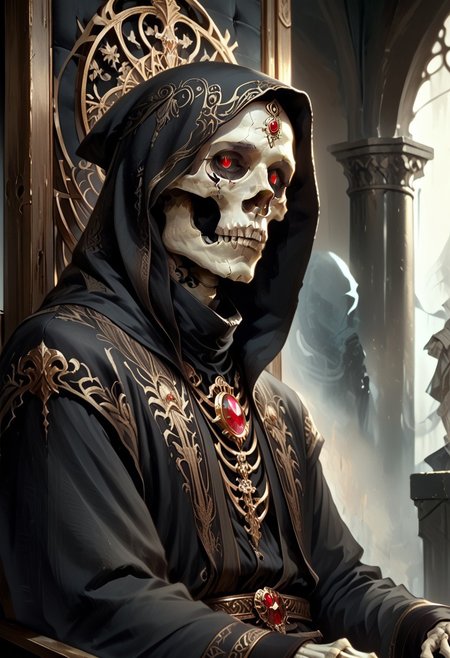 8k, score_9, score_8_up, score_7_up, Art Noveau, masterpiece, 1man (skeleton), (skull face), empty eye sockets, glowing red eyes, grey skin,
intricate black robe, intricate gold sash, black pants, black hood, gold trim, black capelet, high collar, no ears, long sleeves, long intricate gloves, emerald amulet. bracers,
sitting on throne, dark ruined palace, indoors,
1dk, portrait, Art Noveau, Noveau, skeleton, glowing eyes, black sclera, empty eyes, FFAOR, sharp_LASCALAE, ultra sharp focus,