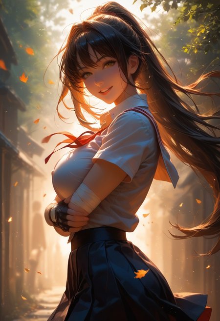 score_9, score_8_up, score_7_up, rating_explicit, ((face lighting)), light rays, horny face, steamy, magical light, depth of field,
cinematic lighting, warm lighting, dust, light rays, horny face, vibrant colors, 
1girl, young and cute, school uniform, dynamic pose, smile, standing on the street, pale skin, bandage on arms, fingerless gloves, dark hair, long ponytail, thin bang, parted lips, looking at viewer, smooth skin, tilted angle, arms down, hands before skirt, skirt lifted by wind from back side, side view, 
Expressiveh, perfect body, large breast, hurricane background, flying leaves, flying sakura,