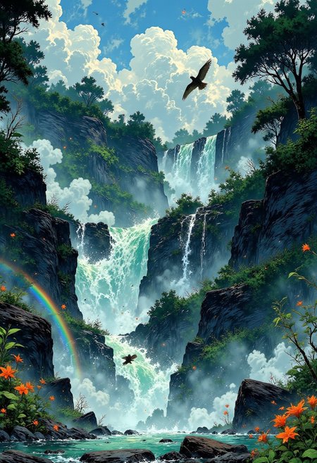 Brazilian Iguazu Falls – Thunderous Rapids & Misty Jungle
"A breathtaking scene at Iguazu Falls, where a massive waterfall crashes down in multiple tiers, creating a roaring symphony of water and mist. The jungle surrounding the falls is thick with ancient trees, tangled vines, and wild orchids. A rainbow appears through the mist, arching over the rushing river below, while vibrant parrots soar overhead, their wings flashing bright against the green canopy."
