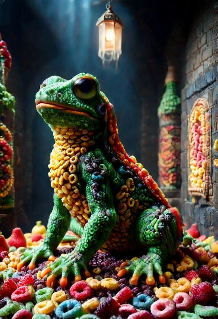 A photorealistic image of a majestic frog made of fruit loops,
intricate details, dramatic composition, tension, contrast, texture, realism, high quality, stunning art, film grain, volumetric lighting, detailed, 
background is dark medieval hall,