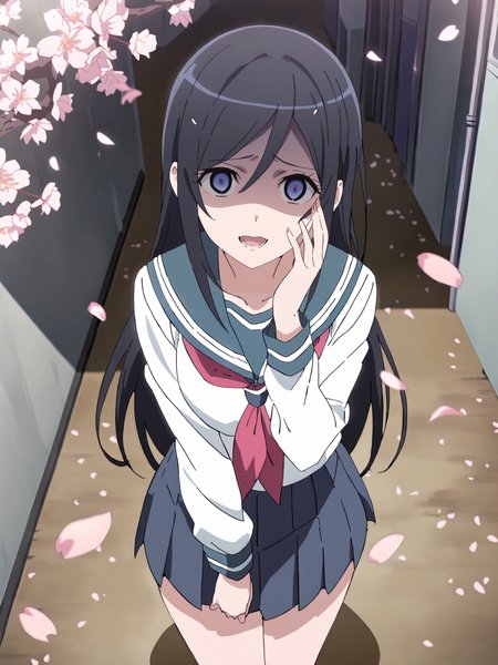 masterpiece, high score, great score, absurdres, anime screenshot, anime coloring,  <lora:Char-Aragaki_Ayase-V1-SDXL:1:hr=0.7>, 1girl, aragaki ayase, solo, serafuku, blue pleated skirt, red neckerchief, looking at viewer, yandere, open mouth, shaded face, hand on own face, standing, cowboy shot, outdoors, street, cherry blossoms, petals, depth of field