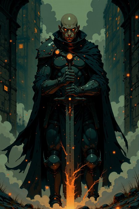 <lora:Fancha_style_v.5:0.8> Fancha style. An ominous figure stands at the center of a dark and foreboding scene, his presence radiating an aura of absolute power and malice. His bald head gleams under dim, fractured light, its surface marked with faint scars and veins that seem almost carved by time and battle. A pair of piercing, blood-red eyes burn with an unyielding intensity, their malevolent glow cutting through the shadows like embers in the void. His expression is one of cold, calculated fury, every line of his face etched with a history of conquest and unrelenting dominance. Encased in a gleaming, jet-black suit of armor, his form appears both human and machine—a seamless integration of organic menace and cold, unfeeling technology. The armor’s surface is polished to a near-mirror finish, accented by intricate grooves and harsh edges, yet marred with splatters of crimson blood that testify to recent violence. Over his shoulders, a tattered black cloak flows like liquid shadow, curling and shifting subtly as though animated by an unseen, malevolent force. In his hands rests a massive, rune-inscribed sword, its dark blade emanating a fiery red glow from its core as if forged from molten metal. The weapon’s hilt is adorned with sharp, angular designs and a pulsating crimson orb embedded at its center, exuding a dangerous, otherworldly energy. Trails of glowing red heat seem to drip from the blade’s edges, hissing into the swirling black mist that rises from the ground like smoke from a dying fire. The backdrop is a grim, industrial void punctuated by sharp vertical lines and faint orange glimmers, suggesting a ruined stronghold or a battlefield steeped in chaos. Subtle embers float through the air, casting an eerie glow that enhances the figure’s demonic silhouette. The scene is an evocative blend of gothic and cybernetic styles, portraying a being that is the embodiment of destruction and tyranny—an unstoppable force at the heart of an apocalyptic legend.