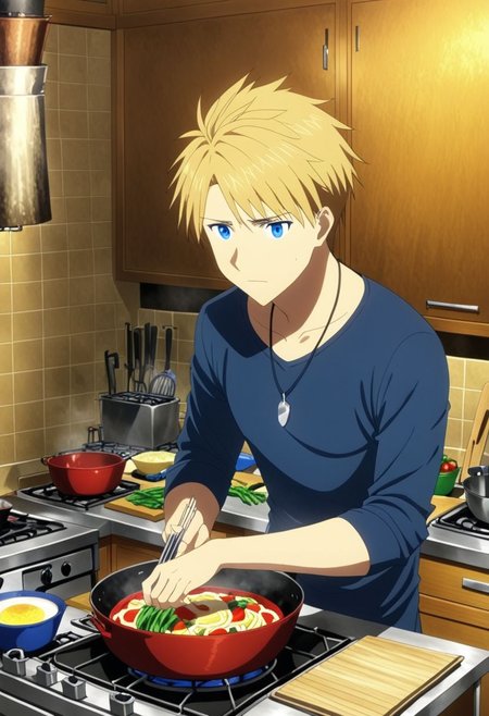 high resolution, solo, best quality, 1Boy, Yamato Ishida, Blond Hair, Blue Eyes, Necklace, cooking, kitchen, OverallDetail