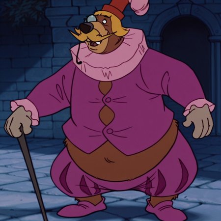 masterpiece, best quality, amazing quality, LittleJohnRH, semi-anthro, male, bear, brown fur, black eyes, blonde hair, mustache, monocle, red hat, purple shirt, purple pants, purple shoes, pink collar, cane