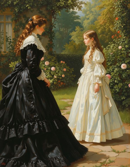 oil painting of HBClaflin style of an woman talking to a graceful young girl in an English garden, both are wearing Victorian dress that is corseted, hooped, and bustled. masterful painting, oil on canvas, shadow and light, Masterpiece, intricate lines, intriguing atmosphere, sharp magnificent details, delicate features, elaborate details, (2\3 rule composition:0.5), ultra detailed, romantic, Rembrandt lighting, brush stroke, lovely, del1cate_balance style, in the style of Rembrandt. vantablack <lora:style_of_Rembrandt_FLUX_135:.8> <lora:- Flux1 - vanta_black_V2.0:.3> <lora:Delicate_Balance:.3> <lora:neeeg_f1:-1> <lora:Midjourney_Whisper_Minimal:.3> <lora:H. B. Claflin:.6>