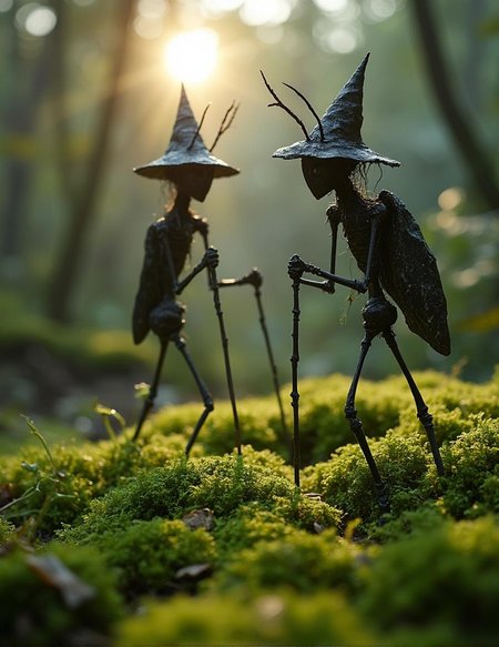 <lora:Dark_Fantasy_Anime-000021.safetensors:1> insect-like, mystical, twisted and dark, exuding power and mystique. The overall composition is a masterful blend of fantasy and style, inviting the viewer to ponder the story behind this enigmatic creation.Two intricately crafted stick figures, wearing conical hats and holding walking sticks, meander through a lush carpet of moss in this surreal handmade sculpture. Softly illuminated by an unseen sun, the scene is set amidst a blurred background, drawing focus to the meticulously detailed moss-covered foreground. The overall effect is one of serene tranquility, as if we've stumbled upon a secret world hidden deep within the forest floor.