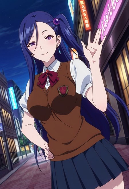 general,highres, ultra-detailed,very aesthetic,best quality ,best hands,best eyes,easynegative,
dynamic anglre, dutch angle, anime cloring,anime screencap,
1girl solo,looking at viewer,city,night,smile,waving hand,hand on hip,
Yui Nitta,blue hair, long_hair, large_breasts, purple_eyes, side ponytail, hair_ornament,school uniform,
