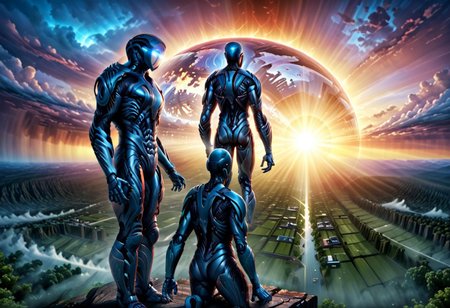 realistic image with morning high quality on the subject of the world ruled by artificial intelligence in the future, visualization of the life of people ruled by AI