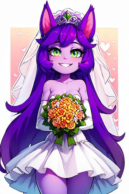 score_9, score_8_up, score_8, medium breasts, (curvy), cute, eyelashes,       BREAK, ,  <lora:LuluLeagueoflegendsPDXL:0.8>, zzLulu, long hair, bangs, animal ears, green eyes, purple hair, colored skin, purple skin, long sleeves, hat, ears through headwear, yordle, , BREAK, smile, looking at viewer,  bride, wedding dress, bridal veil, strapless dress, elbow gloves,  holding bouquet,  hearts, white outline, cowboy shot, embedding:zPDXL, Expressiveh, <lora:theOtherHalfPDXL:0.8>,  <lora:CatalystStylePDXL:0.6>,  <lora:SDXLFaeTastic2400:0.5>,  <lora:Expressive_H-000001:0.4>,