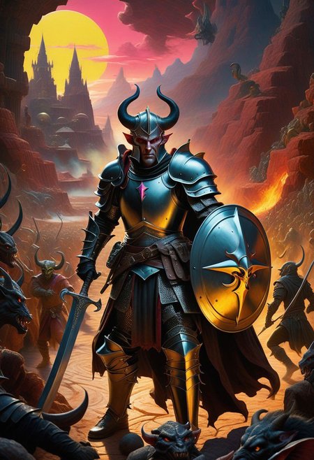 A professional 8k photograph was captured by Sid Avery's Hasselblad camera, depicting a handsome+ Tiefling with pink++ skin and slender build during a battle+++, surrounded by goblins+, He has silver hairs, neon yellow eyes, mysterious and ominous aura of dark shadows enveloping the figure, Lovecraftian Horror++themed, in the artistic style of Boris Vallejo+. Shadows casting an uncanny atmosphere, hints of eldritch dark energy crackling, He is dressed in a gothic plate armour, high details and era-appropriate, He is wielding a magical Cutlass++ in one hand and a shield++ is the second hand, Backdrop (background) of a foreboding, scene of a battle, Mysterious composition, imbued with a dark, ambient 3d warm studio backlight.