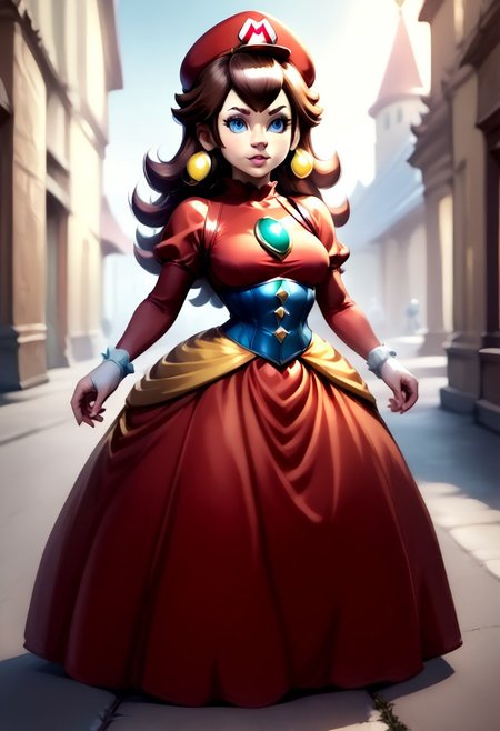 <lora:MtF_Genderswap:1>, genderswap \(mtf\), Mario, facing forward, mario hat, adult woman, extremely large nose, extremely bulbous nose, very wide face, circular head shape, wide chin, wide jawline, brown hair, lightly curly hair, blue eyes, average bust, wide hips, super crown, princess dress, red dress with blue accents, style-princess, underbust corset, fully clothed, zPDXL, score_9, score_8_up, score_7_up, score_6_up, score_5_up, score_4_up,
full body render, full body, photorealistic image, realistic image, high quality, detailed face, realistic human proportions, detailed clothes,
