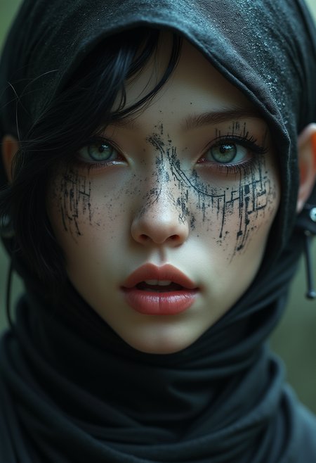 Super face Closeup Portrait,(cyberpunk face augmentation:1.45), (black color circuit board tattoos:1.5 on face), epic skin detailes,   Sci-fi Darkness By He Xiaofeng, a quiet Fighter, feudal Ninja,, robotic shinobi suit, (style Katy  Grannan:1.35) , Satin texture, (Glitchy:1.5) (Foggy:1.35), (Harsh lighting:1.4)