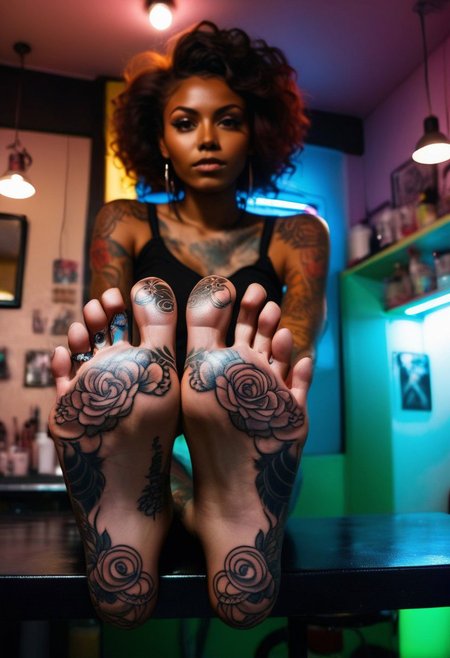 front-bottom-view medium-shot photograph, in a tattoo parlor at night, florescent lights, beautiful, dark skinned, tattoo artist, inviting, (tattoos:0.8), natural hair, foot-focus, five-toes, barefoot, sitting