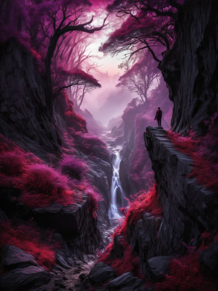 faded silhouette,red violet and black, nature,
artistic rendering, breathtaking details,  incredibly detailed, sharpen, detailed, intricate,
best quality:1.2, masterpiece:1.2, ultra-detailed:1.2, HDR,
<lora:LowRA:0.7> dim, professional lighting,   <lora:ColorART:0.2> ColorART,