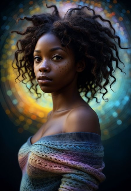 mysterious black woman with freckles, a shy woman in off-shoulder sweater, fading backlit background, pastell colours, alluring goddess, by Minjae Lee, Carne Griffiths, Emily Kell, Steve McCurry, Geoffroy Thoorens, Aaron Horkey, Jordan Grimmer, Greg Rutkowski, amazing depth, double exposure, surreal, geometric patterns, intricately detailed, bokeh,  perfect balanced, deep fine borders, artistic photorealism , smooth,  great masterwork by Suiras  <lora:add-detail-xl:2>  <lora:Double_Exposure:0.5>