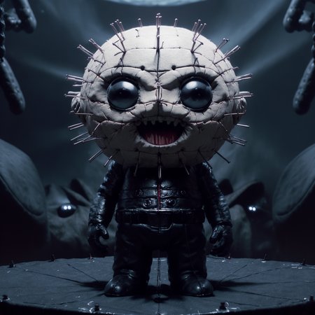 (Felt puppet, Funko Pop) lil Pinhead, full body plushie posing, adorable felt P1NHEAD plush doll, leather Cenobite costume, big googly eyes, big round (spherical) head, silly happy expression, winking at viewer, cute hellraiser puppet, Clive Barker dark evil hell labyrinth background <lora:p1nhead:1>