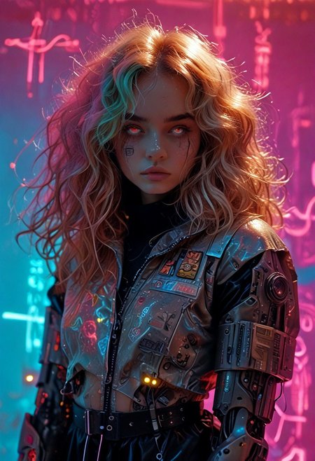 score_7_up, (score_9:1.1), (ugly:0.9),(pretty:1.4),1woman, adult, realistic, realism, hyper realistic, sparkling hair, floaty hair, wavy hair, (soft light coloured hair:1.3), (red iris, glowing iris, neon white pupils:1.3), looking at viewer, big hair, huge afro, zero gravity hair, detailed, perfect, perfection, hands, big scar across face,
BREAK,
((extra_puffy_jacket, black skirt, glossy lips, shiny skin)), full lips, hands behind back, (upper body:1.9),  blocky shape cybernetics, cybernetics, cybernetic skin, raised eyebrow, pale skin, ((snub nose:1.4)), breasts, (prominent abs:1.1), focus upper body,  sweating, 
BREAK,
(neon background, future slums, neon, cybernetic background, mist:1.3),(cybernetic mechanical arm, prosthesis:1.3),