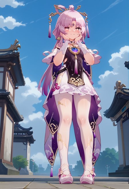 score_9, score_8_up, score_7_up, BREAK source_anime, masterpiece, anime screencap, shiny skin,
1girl, solo,
blush, licking lips ,
full body ,
from below,
female focus,
sexy,
facing viewer ,
hand on own face,
leaning forward,
fuxuan,
outdoors,
<lora:fuxuan.pony:1>