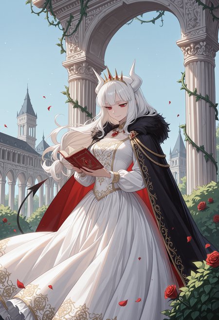 masterpiece, best quality, highres, absurdres, very awa, 1girl, solo, luc1ferdef, mole under eye, long hair, white hair, white horns, demon horns, queen, royal gown, cape, regal, majestic, elegant, velvet, embroidered, ornate, elaborate, embellishments, long sleeves, intricate design, crown, outdoors, architecture, pillar, bush, (nature:0.9), vines, scenery, rose, wind, petals, book, holding book, reading, red eyes, black tail, demon tail, gemstone, jewelry, arch, blue sky, light smile, closed mouth