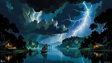 fantasy romania, (by Ralph Blakelock:0.8) , painting, landscape of a Floating (wide river used by keelboats to transport goods:1.1) and Heliosphere, Thunderstorm, Visual novel, specular lighting, Dark hue, beautiful, most beautiful artwork in the world, arcadian, <lora:softdigital2x2:1>, enchanted, original, sharp focus, full color, magical composition, advanced cinematic perfect light