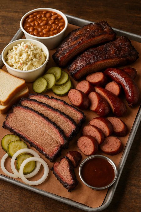 High quality image of a tray of Texas barbeque.  realistic, 8k uhd, high quality