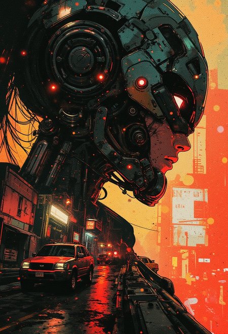 masterpiece, double exposure, silhouette of a cyberpunk robot samurai woman, robot face with mirrored face shield, hyperdetailed helmet, her body filled with a cyberpunk street scene of neon and bokeh, highest definition, HD32K, wallpaper, crisp lines, double exposure background, hyperdetailed, concept art