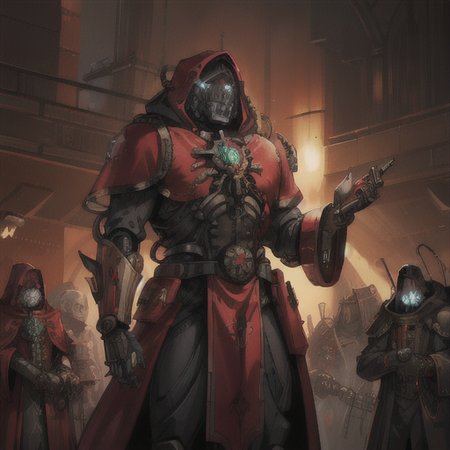 The Adeptus Mechanicus, a member of the cult of machines and technology in the Warhammer 40,000 universe, is usually depicted wearing a distinctive black and red mechanized suit studded with machine symbols and sacred hieroglyphs. They have cybernetic prostheses that replace lost body parts, and their faces are hidden under a hood or mask with monitors and LEDs. The Adeptus Mechanicus is also often armed with energy and combat mechanical weapons, their form and function associated with the cult of technology and the belief in the sacred machine deity, Omnisiah, red cloak   <lora:adeptus:0.5>