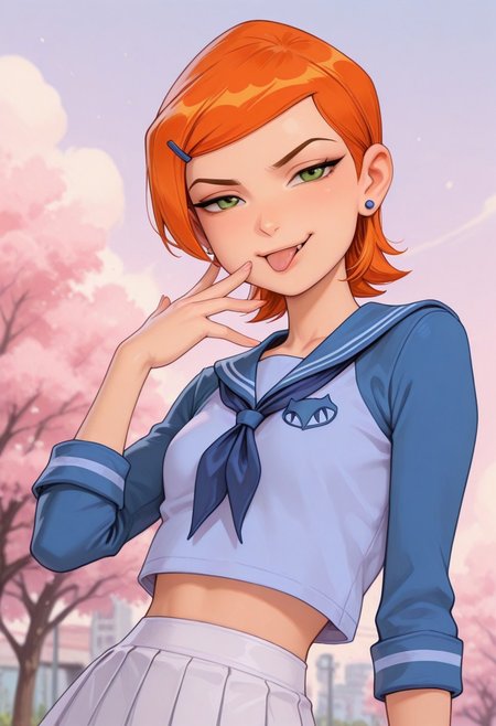 masterpiece, best quality, good quality, very aesthetic, absurdres, newest, 8K, depth of field, focused subject, mythp0rt, pastel colors,
stylized, wabi sabi, 
1girl, Gwen_Tennyson, 1girl, solo, orange hair, short hair, green eyes, earrings, cute,
smug, tongue out,
petite body, small waist, curvy,
small breasts,
school uniform,
dynamic angle, close up, close up on face, 
outdoors,