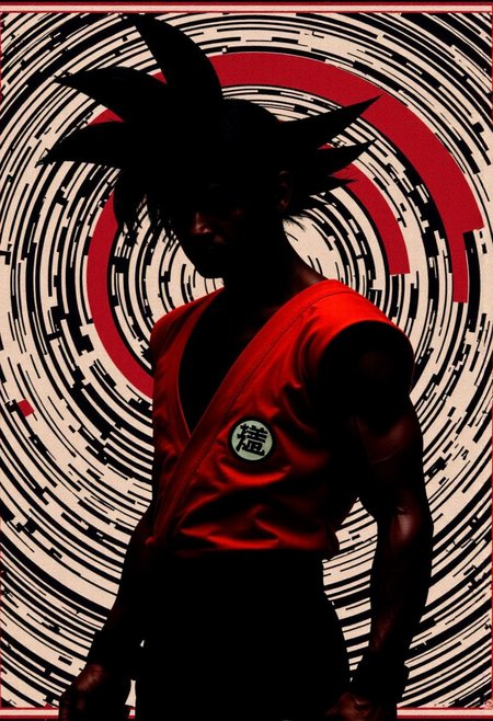 Vector Poster Art, Two Toned bleaked Red and black, Closeup Portrait, Monochrome, Closeup Portrait of a minimalism surreal black Silhouette Striped  goku with an earth Like halo infront a Striped space universe embedded in a grignani inspired monochrome with greyscale lines, 1girl, panty, an Image completely made of bold thick lines, perfectly aligned, a 3d Illusion Made of line in the whole Art piece Like its one in black and white deep lined and striped space