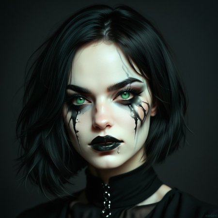 portrait of girl, white and black hair, bob haircut, black background, gothic makeup, ruined makeup, smudged makeup, with fangs visible, dark makeup, long eyelashes, high contrast, vibrant color palette, green eyes, black clothes, detailed face, sharp details, realistic digital painting, serious expression