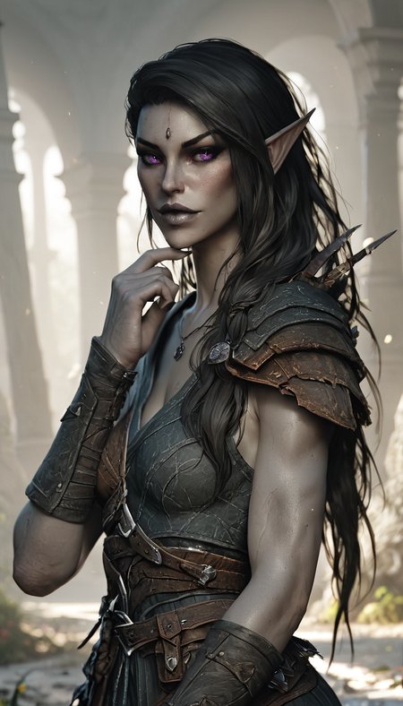 score_9, score_8_up, score_8_up, layering, ultra detailed, (ultra wide angle shot:0.65), shallow depth of field, alluring curves, tasteful sensuality, softcore, pinup girl pose, 1girl, ((dunmer)), skyrim, elder scrolls, dark elf, ((dark grey ashen skin)), drow with dark grey skin, dark grey lips, tall and slender, supermodel look with pronounced sharp cheekbones and narrow sharp long chin, photo, painting, light rays, <lora:Dunmer:1.15>,  <lora:Skyrim_Project_SDXL_r1:0.6> <lora:Fant5yP0ny:0.7>,  <lora:MJ52:0.5> <lora:NM_Karliah:0.5> NM_Karliah, purple eyes, long hair, brown hair, black hair,lips, makeup, Karliah