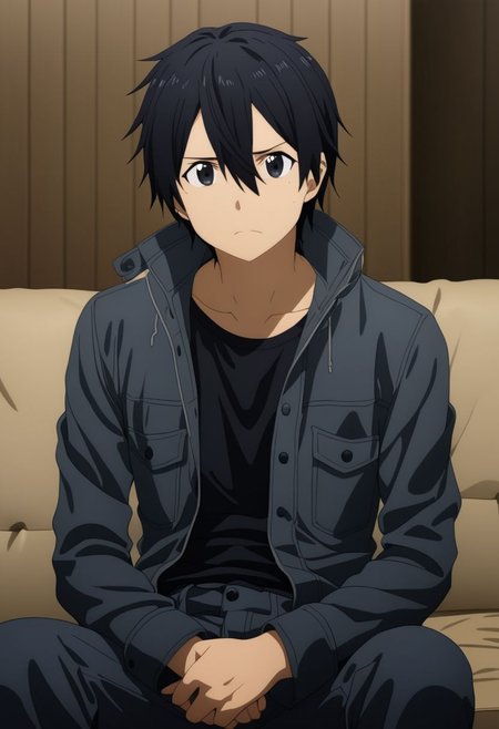 high resolution, professional photography, best quality, 1Boy, Kirigaya Kazuto, Black Hair, Black Eyes, overalldetail, lovely, deep talk, helpless. sit, couch