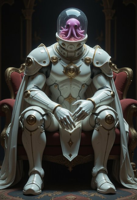 high quality cinematic shot of a heavy armored royal knight with a translucent fishtank-head resembling a fishbowl with a translucent purple octopus INSIDE, in pristine white armor sitting on a couch, volumetric lighting, realistic textures and light,