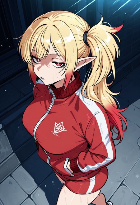 In the street, looking at viewer, Hands in pockets, side view,

medium breasts, massive ass, wipe hips, sweating,

1girl, solo, melany raklion, elf, long hair, side ponytail, blonde hair, red eyes, two-tone hair, red hair tips, White pupils, 

jewelry, Sports jacket, sports shorts, red clothes, Sneakers, heart earrings, Eyeshadow, makeup, black lipstick,