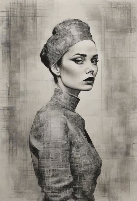 rough crosshatch drawing pop surrealism pop art Lunatic_Portrait of a girl in latex, slick back, low bun, black makeup, tj