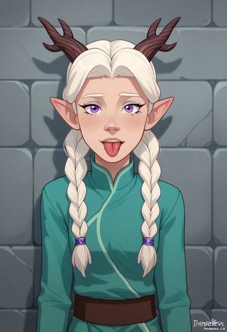 score_9, score_8, score_7, score_6,
triplevexx, solo, Lujanne, Elf, Moonelf, Horns, Long Twin Braids, White Hair, looking at viewer, leaning against marble wall, sticking tongue out, purple eyes,