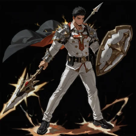 <lora:trial_character_with_less_material-000003:.5> tagatamegerald, mature male, 1boy, middle hair, spiked hair, black hair, black eyes, collared shirt, long sleeve, armor, white pants, cape, shield, spear, shoes, spark, sharp eyes
(very short hair, beard, bara, mature, facial hair, stubble, beard, full beard, sideburn, beard, a lot of beard, ), facial hair,male focus, muscular male, muscular male, bara, mature,  bara, mature, aixiwuganda_(20222192), very awa, masterpiece, best quality, absurdres, newest, perfect quality, detailed background, intricate details,
<lora:slider_Body Type_alpha1.0_rank4_noxattn_last:3><lora:Anime Summer Days 2 Style SDXL_LoRA_Pony Diffusion V6 XL:.6><lora:slider_cfg_scale_boost:.7><lora:Artist6p:.55>, Artist6p, Artist04p,<lora:slider_il_brightness_slider_d1:-1><lora:slider_il_contrast_slider_d1:-1><lora:slider_DarkSlider1.2_alpha1.0_rank16_full_300steps:-.6>