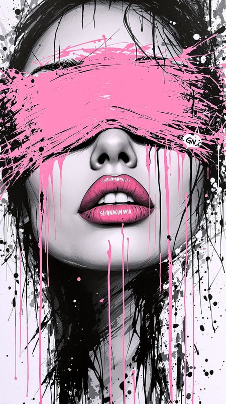 Black and white photography of a beautiful woman with a pink blindfold over her eyes, only her lips in color, dripping paint, graffiti art in the style of Yoji Shinkawa and Dominik Mayer, energy-filled illustrations, dynamic brushstrokes, storybook illustration.