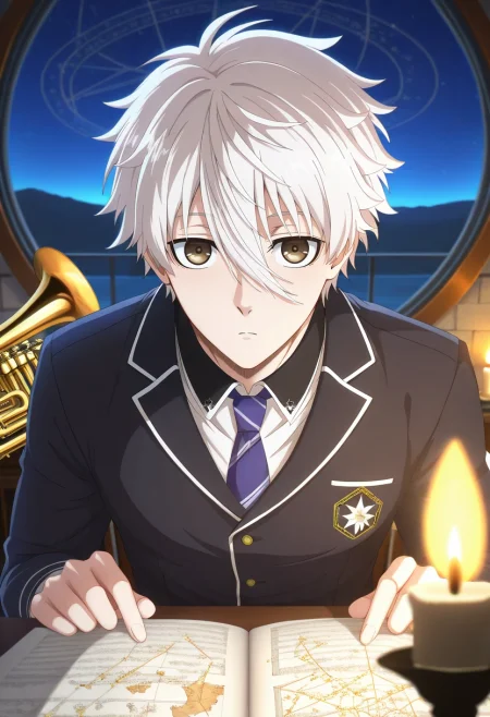 masterpiece, best quality, , (3d:0.4), looking at viewer, , 1boy, solo, male focus, <lora:seishirou_nagi_ilxl:0.98>, seishirou_nagi, white hair, brown eyes, short hair, bangs, hair between eyes, ancient observatory, stone circles, star map, brass instruments, studying constellations, concentrated expression, candlelight, night, day of the dead costume