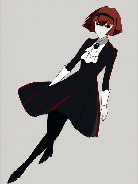 source_anime, score_9, score_8_up, score_7_up, anime screencap, 8k, absurd res, <lora:BigO_PDXLv1 Dorothy-000060:0.8> 1girl, solo, r. dorothy wayneright, short hair, black dress, black pantyhose, red hair, black hairband, black eyes, green brooch, pale skin, black shoes, simple background, full body,