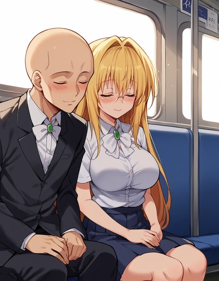 score_9, score_8_up, score_7_up, source_anime, <lora:tearju-lunatique-ponyxl-lora-nochekaiser:1>, tearju lunatique, long hair, blonde hair, sidelocks, glasses, large breasts, <lora:leaning-on-person-side-by-side-ponyxl-lora-nochekaiser:1>, leaning on person side-by-side, sitting, hetero, sleeping, couple, train interior, leaning on person, school uniform, faceless male, bald, faceless, smile, blush, closed eyes,,