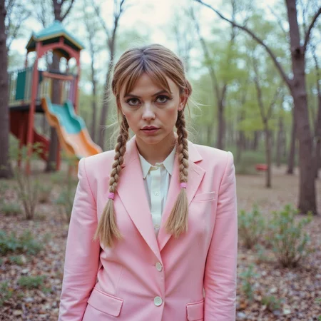 analog film photo watercolor painting ethereal fantasy concept art of  surrealist art analog photography, analog photo, a stunning woman in an eerie abandoned playground in the background, she's wearing a pink women's suit, braided hair, a white blouse and a pink headlace. A candid, close up shot <lora:Riley_Voelkel:1> rileyv . dreamlike, mysterious, provocative, symbolic, intricate, detailed, magnificent, celestial, ethereal, painterly, epic, majestic, magical, fantasy art, cover art, dreamy . vibrant, beautiful, painterly, detailed, textural, artistic, RAW candid cinema, 16mm, color graded portra 400 film, remarkable color, ultra realistic, textured skin, remarkable detailed pupils, realistic dull skin noise, visible skin detail, skin fuzz, dry skin, shot with cinematic camera . faded film, desaturated, 35mm photo, grainy, vignette, vintage, Kodachrome, Lomography, stained, highly detailed, found footage