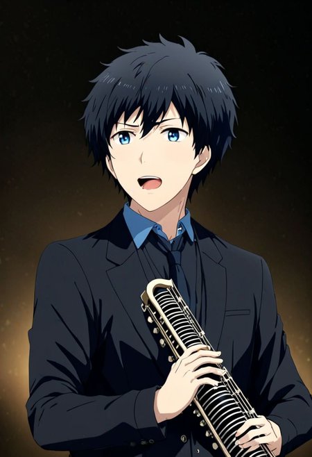 high resolution, solo, best quality, 1Boy, Arata Kaizaki, Black Hair, Blue Eyes, singing, portraits, dept of field, virtual concert, playing musical instrument, OverallDetail